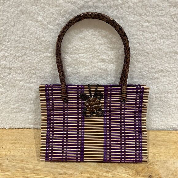 Rattan Woven Purple  Purse Handbag w/ Handmade Beaded Closure & Braided Handles - Picture 6 of 16